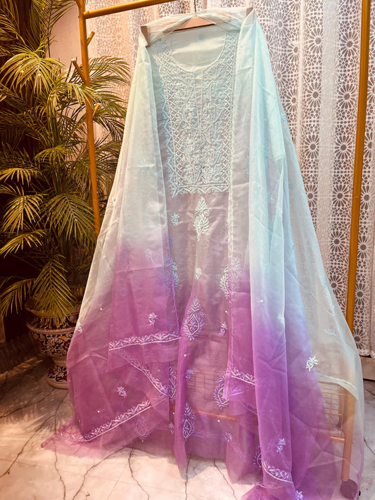 Nazaqat Rang-e-Noor — The Ombré Organza Symphony in White & Violet with Cut Dana Embellishment