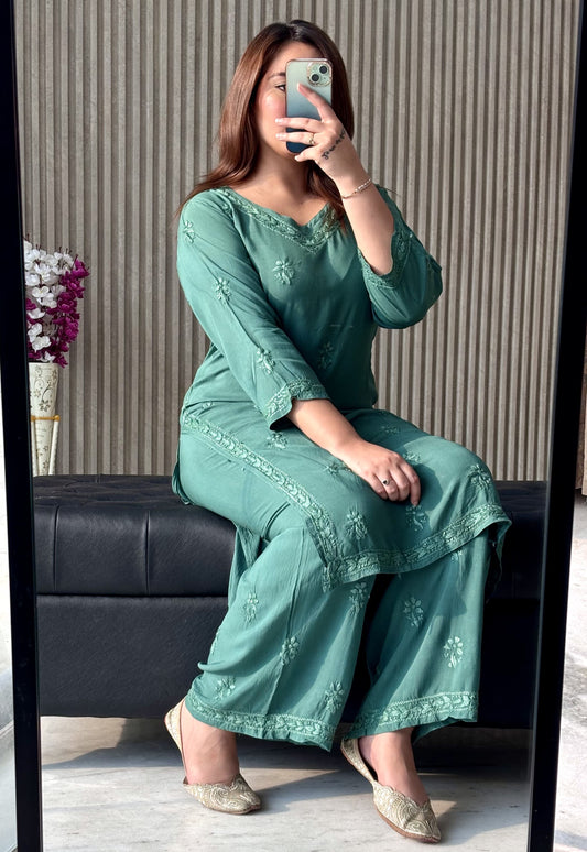 Mehnaz Rang-e-Nazaqat — Sage Green Modal Kurti Plazo Set