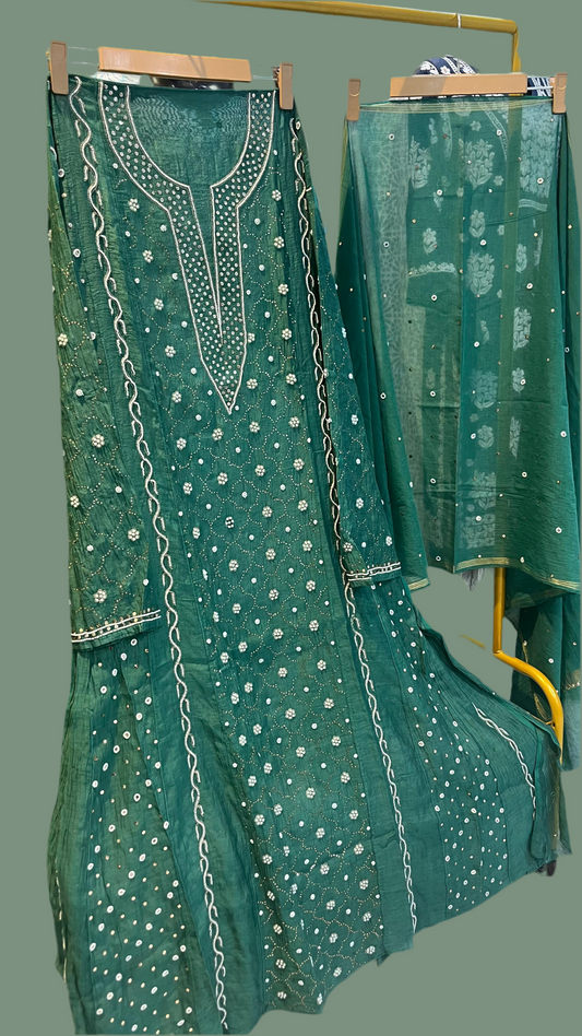 Nazaqat-Sabz-Bahaar — Green Mul Mul Anarkali Embellished with Mukaish and Pearls