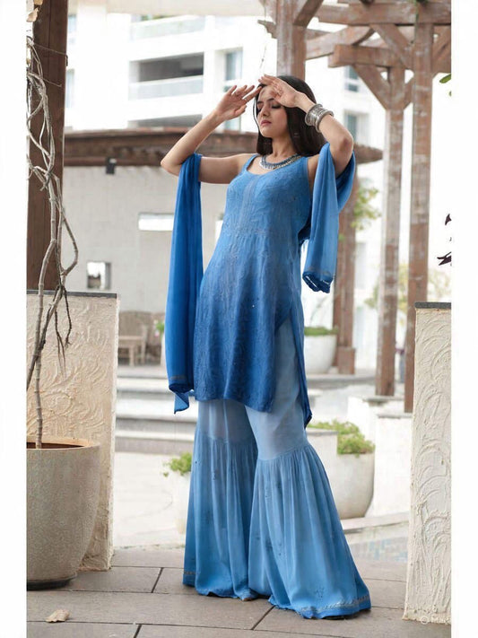 Noor-e-Aab — Ombré Blue Chikankari & Mukaish Ensemble