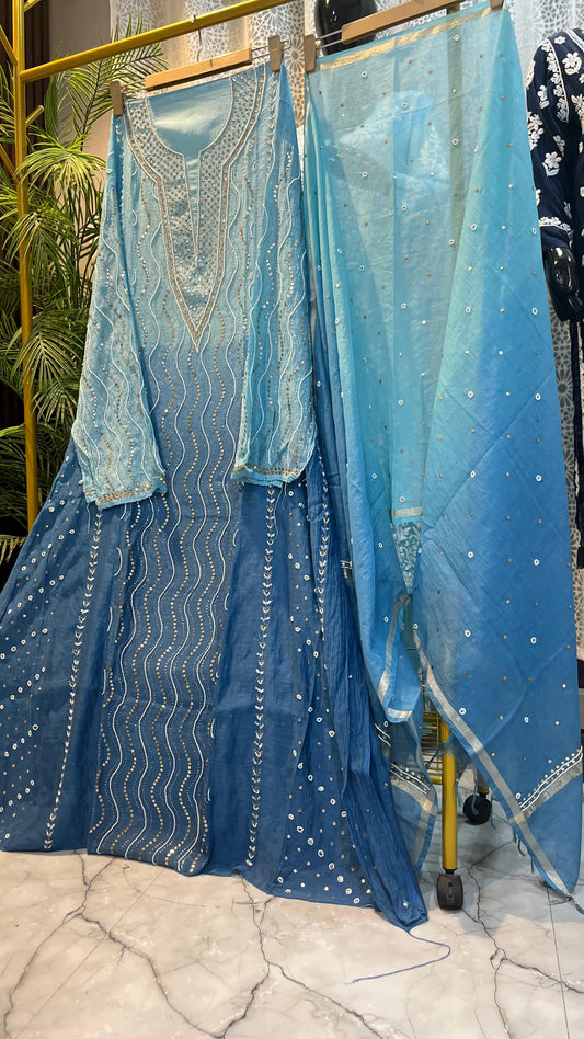 Nazaqat Neelam-e-Rangin — Ombre Blue Mul Anarkali with Mukaish and Pearl Elegance