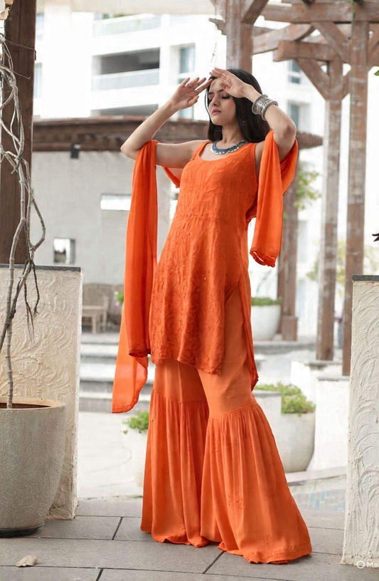 Shahzadi-e-Naranj — Regal Orange Garara with Chikankari & Mukaish