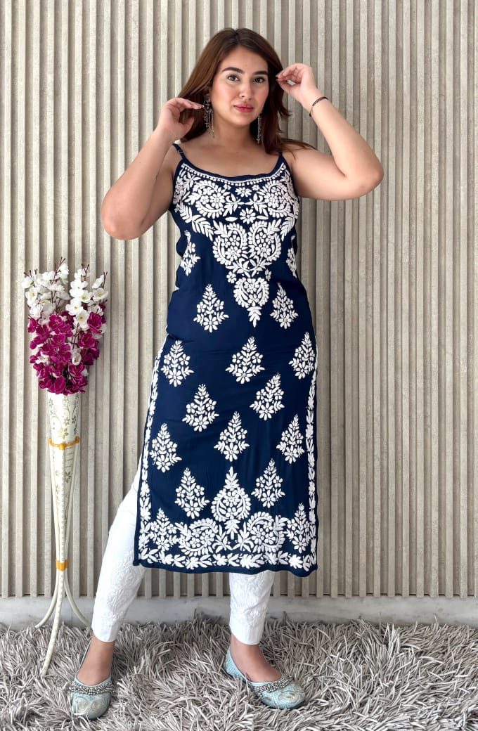 Neelkamal Rang-e-Nazaqat — Navy Blue Modal Noodle Strap Kurti with White Embroidery
