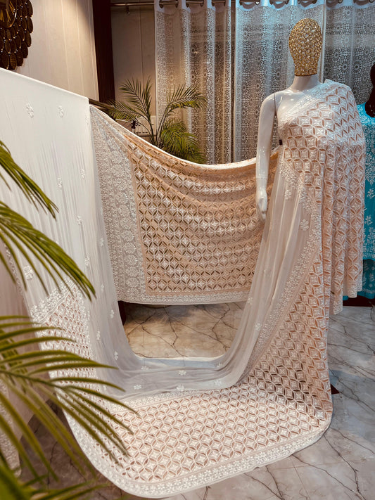 Nazaqat Bahaar-e-Zar — The Imperial Georgette Sari with Regal Chikankari Appliqué & Mukaish Splendor”