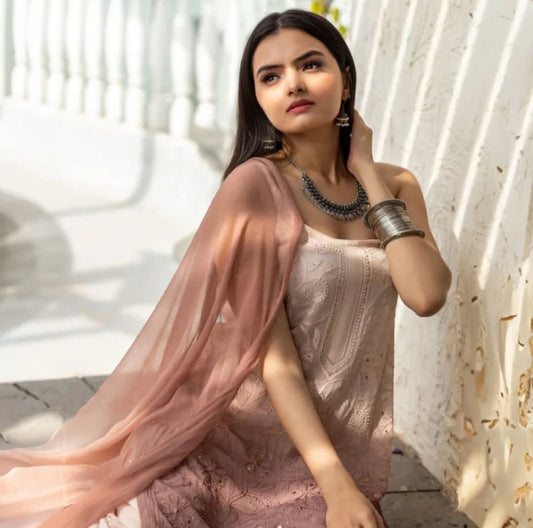 Noor-e-Zameen — Ombré Beige & Brown Chikankari & Mukaish Ensemble