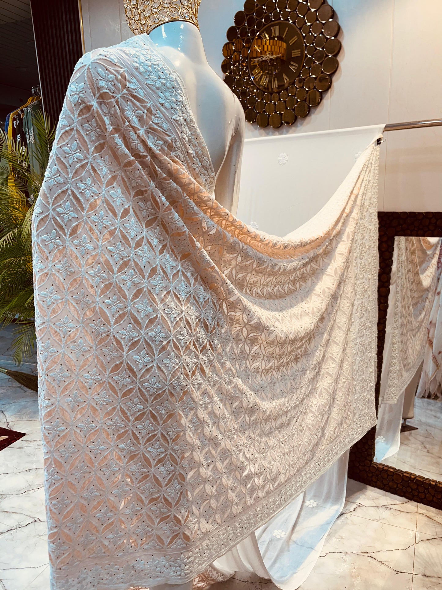 Nazaqat Bahaar-e-Zar — The Imperial Georgette Sari with Regal Chikankari Appliqué & Mukaish Splendor”