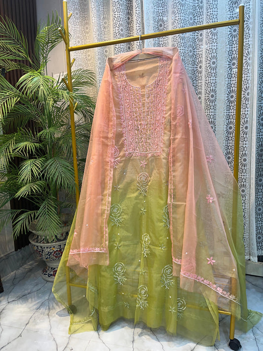 Nazaqat Gulistan — Pure Organza Peach & Green Kurta Dupatta with Cut Dana Grace