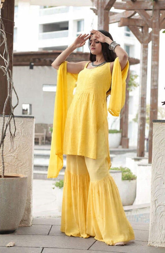 Shahzadi-e-Zar — Regal Yellow Chikankari Garara with Mukaish Glow