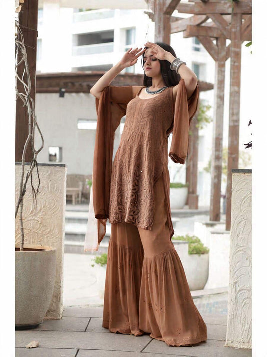 Shahzadi-e-Kahwa — Regal Coffee-Toned Chikankari & Mukaish Set