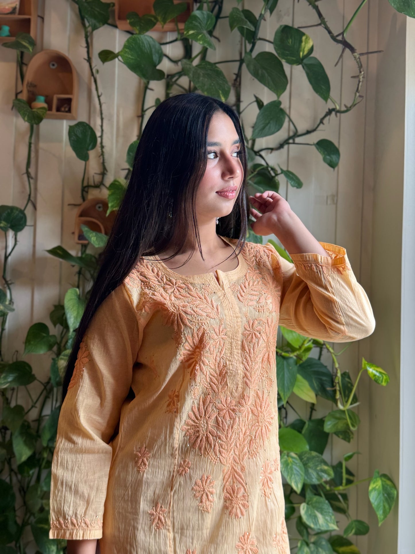 Ziya-E-Amaltas: Yellow Mul Kurta with 2-Taar Chikankari & Mukaish Work