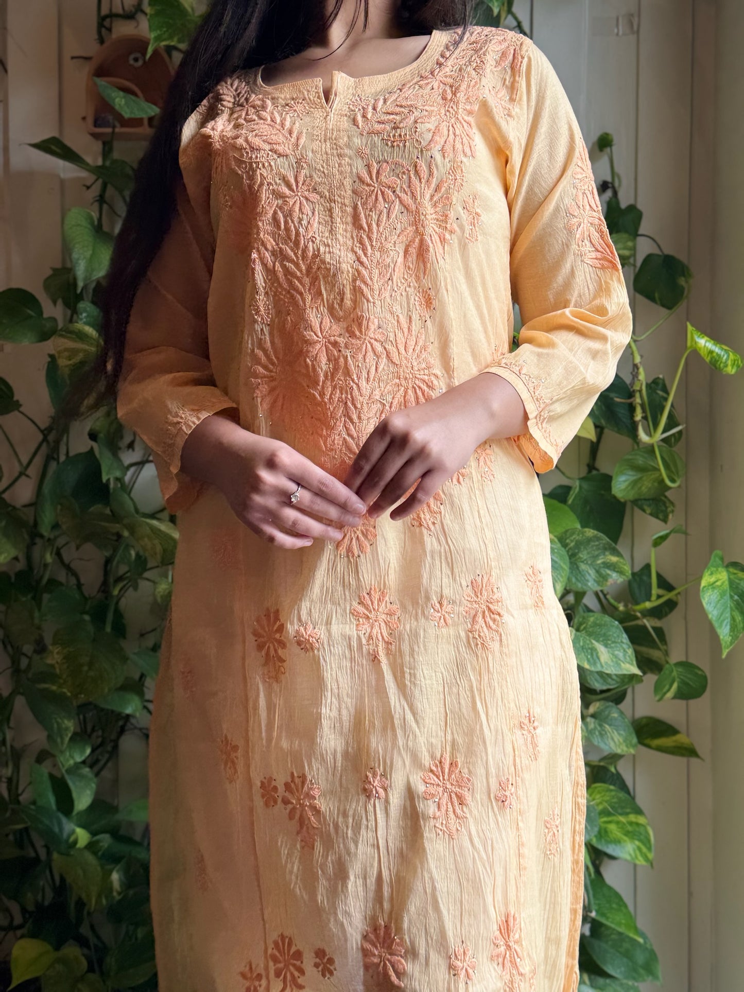 Ziya-E-Amaltas: Yellow Mul Kurta with 2-Taar Chikankari & Mukaish Work