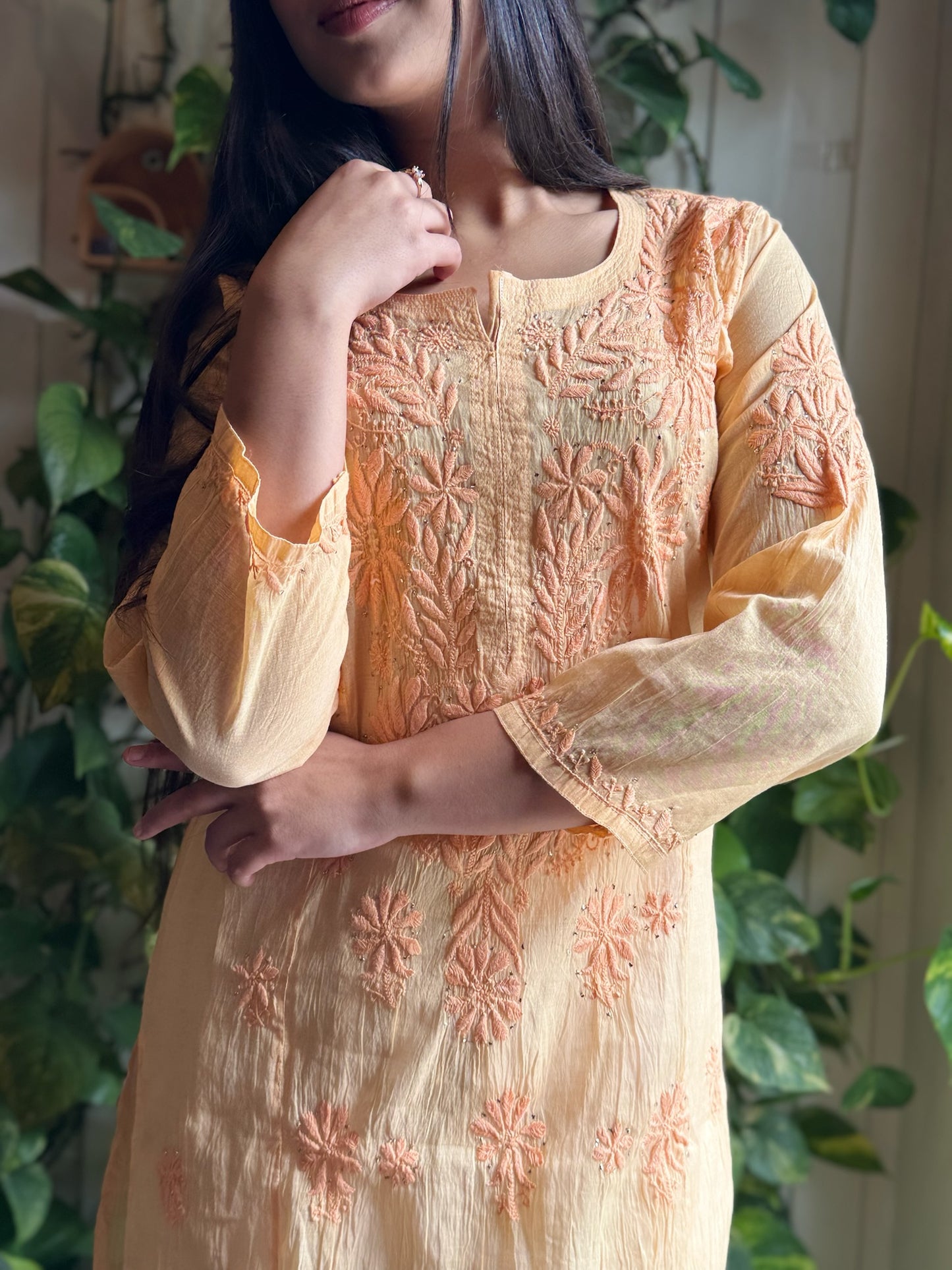 Ziya-E-Amaltas: Yellow Mul Kurta with 2-Taar Chikankari & Mukaish Work