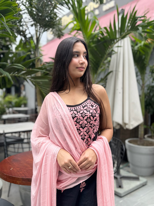 Shab-E-Gul: Black & Blush Chikankari Cotton Ensemble