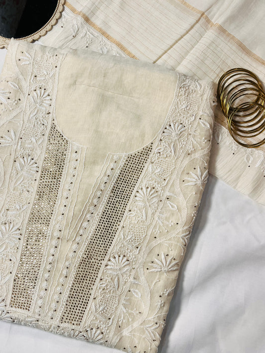 Noor-E-Afshan Ivory Mul Cotton Ensemble | Handcrafted Chikankari & Mukaish