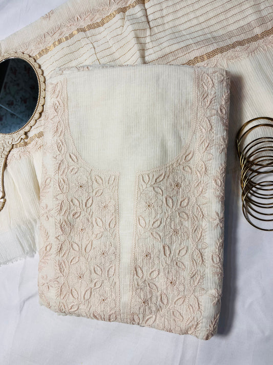 Noor-E-Tasneem: Ivory Maheshwari with Subtle Beige Embroidery