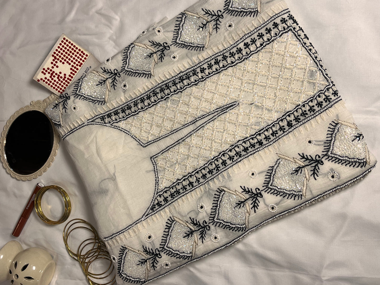 Noor: White Mul Chikankari Set with Black Embroidery & Cut Dana Detail