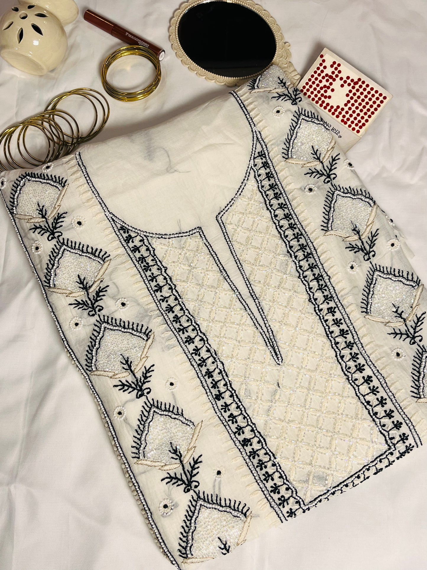 Noor: White Mul Chikankari Set with Black Embroidery & Cut Dana Detail