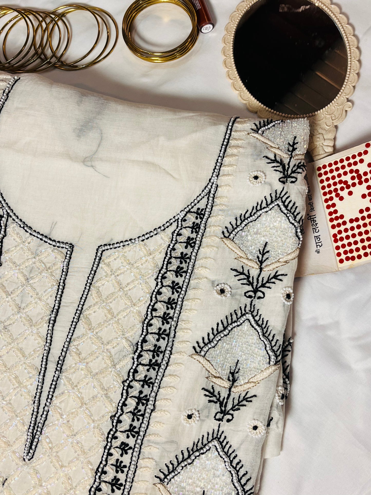 Noor: White Mul Chikankari Set with Black Embroidery & Cut Dana Detail
