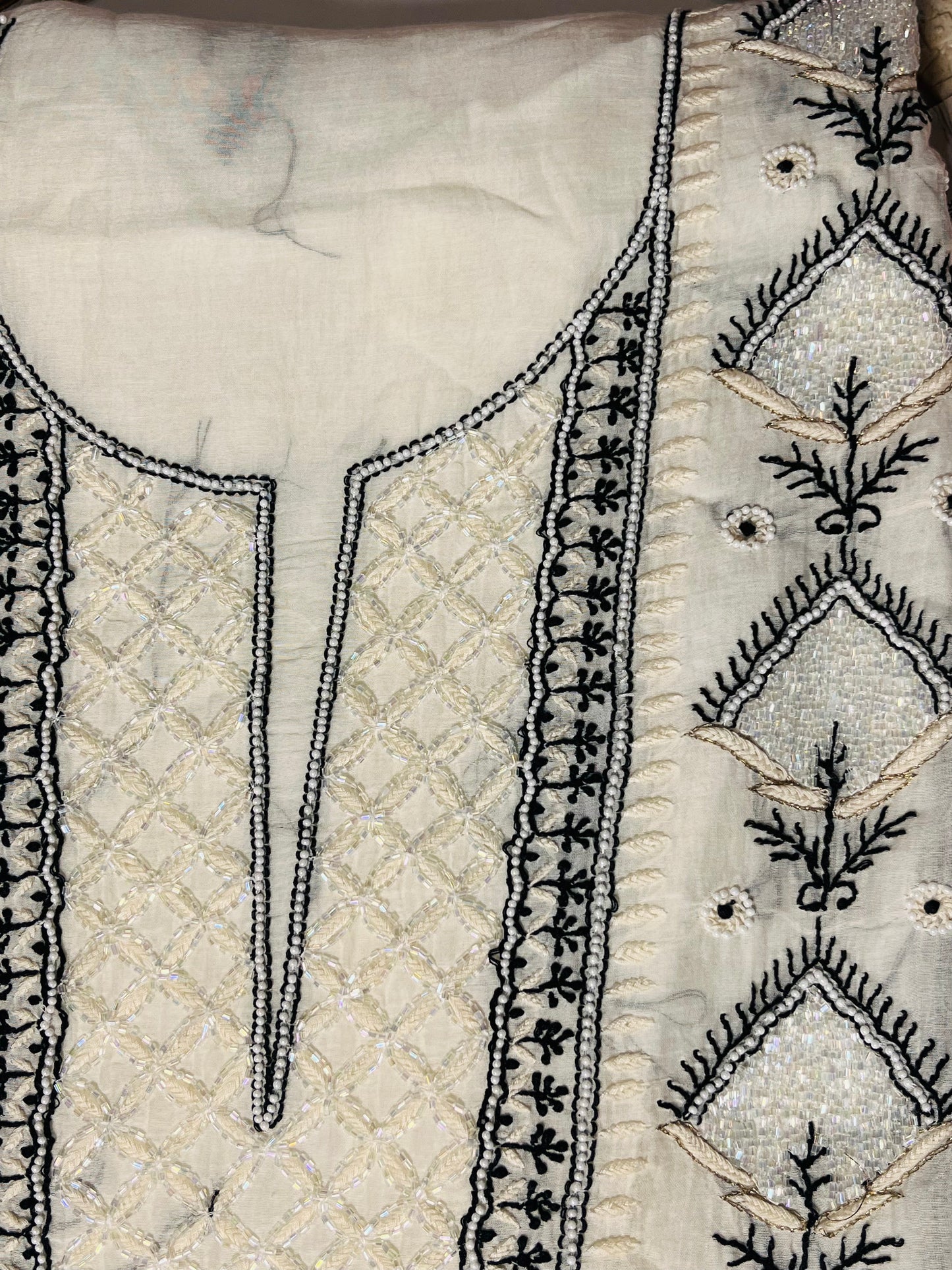 Noor: White Mul Chikankari Set with Black Embroidery & Cut Dana Detail