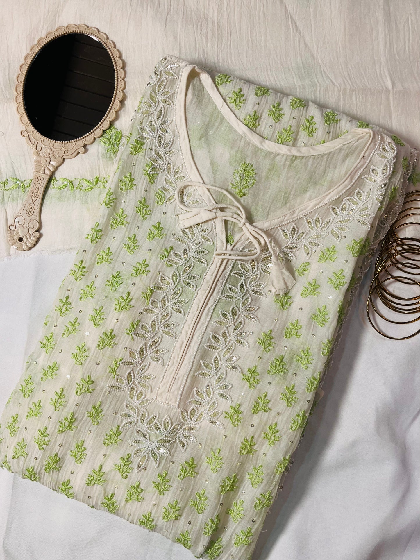 Begum-e-Banaras – Unstitched Regal Mul Set with Hand-Embroidered Green Chikankari & Cut Dana