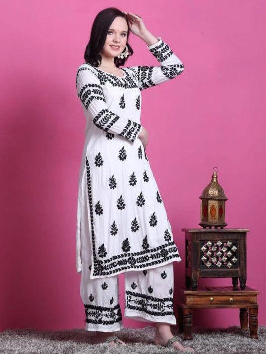 Noor-E-Nazaqat White Modal Bangle Sleeve Set With Black Chikankari