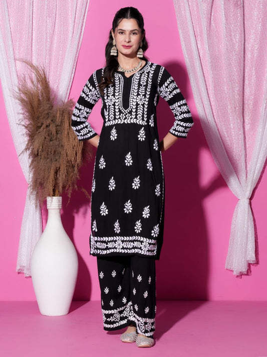 Noor-E-Nazaqat Black Modal Bangle Sleeve Set with White Chikankari